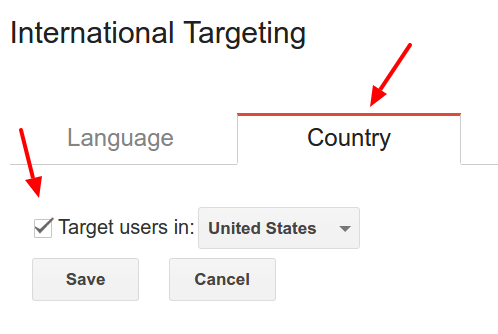 Example of International Country Targeting settings in Google Search Console