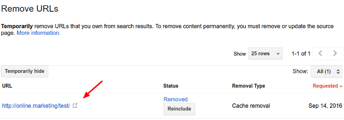 Example of the URL Removal tool in Google Search Console