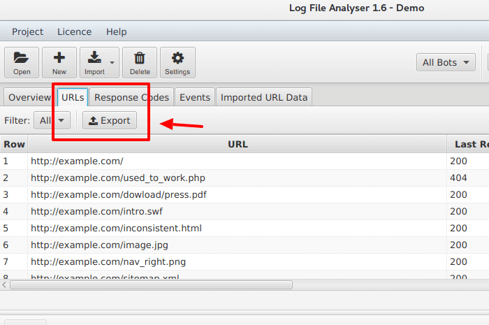 Example on how to export URLS from server logs using Screaming Frog Log Analyser